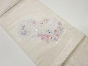 銀駒刺繍丸文に御所車・花々・秋草模様名古屋帯